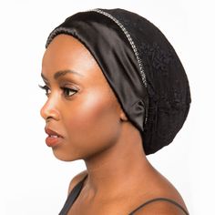 This black lace satin lined bonnet is part of Linda Christen Designs Luxe Collection. This modern day stylish satin lined bonnet is effortless style and beauty as this satin lined bonnet has a string of rhinestones with a beautiful satin band that makes it classy and stylish. This satin line bonnet is perfect for protecting your hair while you sleep. This black lace satin lined bonnet has an elastic band that makes it comfortable and secure so that it will not fall off while you sleep! There is Elegant Fitted Black Headwrap, Elegant Black Headwrap Headband, Elegant Beanie-style Turban, Elegant One-size Beanie Turban, Elegant Adjustable Beanie Turban, Elegant Black Adjustable Turban, Elegant Black Adjustable Bonnet, Elegant Adjustable Black Bonnet, Wrap Turban