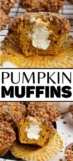 Collage of cream cheese-stuffed pumpkin muffins cut in half at top and bottom. Cream Cheese Muffin Filling, Cream Cheese Stuffed Pumpkin Muffins, Pumpkin Spice Cream Cheese Muffins, Pumpkin Spice Muffins With Cream Cheese, Pumpkin Muffins With Cream Cheese Middle, Pumpkin Muffins Cream Cheese, Good Food Habits