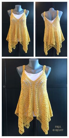 three pictures of yellow crocheted top on mannequins