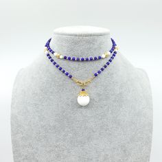 This Return to Origin multi-style beaded lapis necklace features 81 primary gemstones where every 9 gemstones are grouped and connected by spacer gemstones. Ancient Chinese people believe that the number 9 （九） means eternal, and if a person can survive 9*9 = 81 tribulations, he may be able to return to his original divine nature （九九歸真）. The beaded chain can also be styled as glasses chain. ⚜ Return to Origin Beaded Necklace ❀ 81 Natural Lapis 4mm❀ 16 Natural Tridacna 4mm❀ 8 Long Lasting Gold Pla