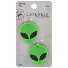 two green alien earrings with black eyes