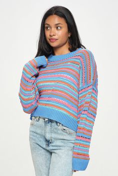 This stylish Pullover sweater features a bright stripe color combination. It is sure to keep you warm during chill spring mornings well into the fall and winder days. Winter Horizontal Stripe Cotton Sweater, Cotton Sweater With Horizontal Stripes For Winter, Winter Cotton Sweater With Horizontal Stripes, Trendy Knit Sweater With Horizontal Stripes, Cozy Blue Color Block Sweater, Spring Horizontal Stripe Long Sleeve Sweater, Trendy Horizontal Stripe Winter Sweater, Trendy Horizontal Stripe Sweater For Winter, Trendy Winter Sweater With Horizontal Stripes