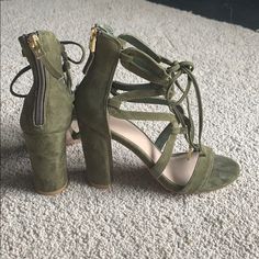 Leather Olive Green Suede Heels In Amazing Condition. Never Worn Outside Which Is Why Heel Is In Perfect Shape. Gorgeous Cross Tie With Gold Accents. Size 5.5 M Suede Closed Toe Heels With 4-inch Heel, 4-inch Suede Closed Toe Heels, Green Suede Open Toe Heels, Elegant Green Suede Heels, Suede Heels With Wrapped Open Heel, Chic Green Suede Sandals, Chic Suede High Heels, Suede Ankle Strap Heels With Reinforced Heel, Suede Heels With 4-inch Heel