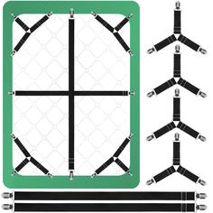 a green board with black and white lines on the bottom, and four different positions