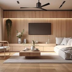 a modern living room with wood paneling and white furniture, large flat screen tv on the wall