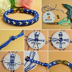 the instructions for making a bracelet with blue and white braided leather cord, scissors, thread, sewing needles, and other crafting supplies