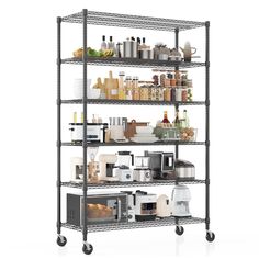 an industrial shelving unit with four shelves and various items on the top tiers