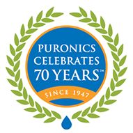 the logo for puronics celebrates 70 years since 1971, with an orange and blue circle surrounded by green leaves