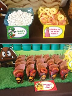 an assortment of desserts and snacks displayed on a table