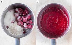 two pans filled with different types of food next to each other on top of a table