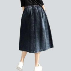 Elevate your look this Spring-Summer season with our Unequal Denim Skirt ââ‚?a timeless piece that unites the classic 90s vibe with modern. rubber closure features!Distinctive Features: Vintage-Inspired Aesthetic: Crafted with a 90s-inspired stonewashed pattern. this skirt is the perfect blend of nostalgia and contemporary fashion. A-Line Silhouette: Its A-line silhouette and high-waist fit provide a flattering shape. perfect for any body type. Functional Rubber Closure: Its rubber closure ensur Spring Knee-length Denim Blue Skirt, Casual Non-stretch Denim Skirt For Summer, Summer Denim Knee-length Skirt, Denim Blue Midi Skirt With Pockets, Casual Baggy Dark Blue Skirt, Baggy Casual Denim Skirt For Spring, Casual Knee-length Denim Skirt, Spring Casual Non-stretch Denim Skirt, Casual Non-stretch Denim Skirt For Spring