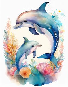 two dolphins are jumping in the air with watercolor paint on it's face