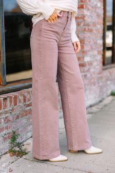 These wide leg jeans are going above and beyond when it comes to style! They are so trendy and flattering! That color also makes them so easy to pair different blouses and sweaters with! Button/zip front closure Pockets Wide legs Minimal stretch Baileigh is wearing the 1. Mauve Outfit Ideas, Pink Wide Leg Jeans, Pink Jeans Outfit, Mauve Outfit, Jeans Pants Outfit, Blush Outfit, Stylish Fits, Outfits Everyday, Adorable Clothes