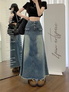 Introducing our vintage sanded long denim skirt from the 2023 Spring-Summer Collection ââ‚?the perfect blend of urban trend and nostalgic charm! Why It's Your Ultimate Urban Style Choice This denim skirt is the perfect combination of everlasting trend and vogue vibes. It features a mid-waist fit. a unique sanded pattern. and a full-length silhouette. The combination of a zipper and button closure ensures that you get both a secure fit and a fashionable touch. Crafted with premium quality denim. this skirt promises full-length-lasting durability and conventional trend. Key Highlights: Street Trend Sophistication: A unique balance of conventional style and couture streetwear trends. Vintage Charm: An iconic sanded pattern and maxi silhouette capture the spirit of nostalgia. Mid-Waisted Fit: Summer Wide Leg Washed Denim Skirt, Summer Full Length Skirt With Frayed Hem, Summer Washed Wide Leg Denim Skirt, Summer High Rise Maxi Skirt With Pockets, High Rise Maxi Skirt With Pockets For Summer, Denim Jeans Skirt With Pockets, Summer Full Length Dark Wash Denim Skirt, Vintage Straight Leg Denim Skirt For Summer, Summer Denim Maxi Skirt With Pockets