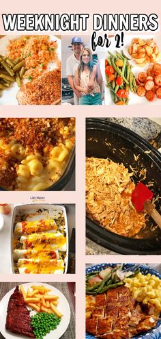 a collage of pictures with different types of food and words that read weeknight dinners for 1 - 2