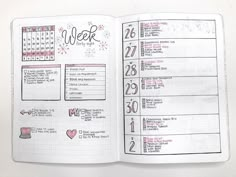 an open planner with the words week written in pink and white on top of it