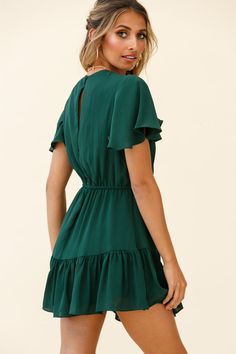 Forest green dress  Partially lined  Angel sleeves  Drawstring at waist  Ruffle trim detail  Zipper in back   Breeze through your day in style in our Forever Free dress. We love its chic but comfortable design and that gorgeous ruffle detail. Perfect for the office or Saturday catch-ups with your bestie. Team it with some knee-high boots and a tote for a cute look. Forest Green Dress, Drawstring Waist Dress, Forest Green Dresses, Free Angel, Free Dress, Yellow Bridesmaid Dresses, Yellow Bridesmaids, Angel Sleeves, Red Bridesmaids