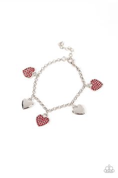 Shiny silver heart charms delicately alternate with red rhinestone encrusted heart frames along a silver chain around the wrist, resulting in a flirtatious fringe. Features an adjustable clasp closure.

 Sold as one individual bracelet. Red Bracelet, Silver Heart Bracelet, Locket Bracelet, Red Bracelets, Red Jewelry, Heart Frame, Rhinestone Heart, Paparazzi Accessories, Red Rhinestone