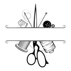 a pair of scissors and some sewing supplies on a shelf with a ribbon around it