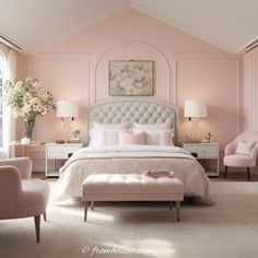 a bedroom with pink walls and white furniture