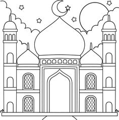 a mosque with the moon and stars in the sky above it, outlined on a white background