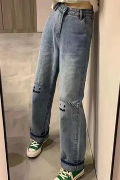 Cute Monster Emoji Embroidered Jeans Pants – Nada Outfit Land Casual Wide Leg Embroidered Jeans, Casual Embroidered Wide Leg Jeans, Casual Baggy Embroidered Jeans, Casual Embroidered Baggy Jeans, Embroidered Relaxed Fit Casual Pants, Casual Embroidered Blue Pants, Casual Embroidered Straight Leg Bottoms, Casual Straight Leg Embroidered Pants, Casual Embroidered Straight Leg Pants