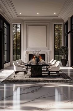 an elegant dining room with marble flooring and white walls, along with large windows