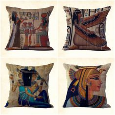 four pillows with egyptian designs on them in different shapes and sizes, each featuring an egyptian queen