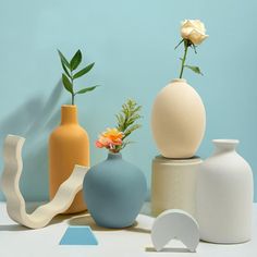 several vases with flowers in them sitting on a white countertop against a blue wall