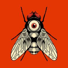 a drawing of a fly insect on an orange background with the eye in it's center