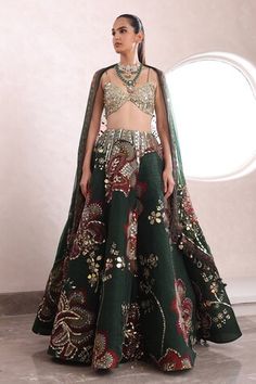 Green lehenga with floral print embellished by mirror and sequins. Comes with sequin embellished cut-out blouse and dupatta. - Aza Fashions Mahima Mahajan, Lehenga Style Saree, Maharani Designer Boutique, Indian Bridesmaid Dresses, Mehendi Outfits, Floral Lehenga, Lehenga Designs Simple, Lehenga Style, Gold Blouse