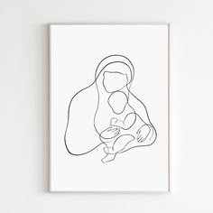 a black and white line drawing of a woman holding a baby in her lap, on a wall