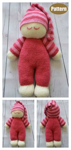 three pictures of a stuffed animal with pink and white stripes