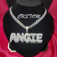 "Iced Out Name Pendants Jewelry,Custom Dripping Nameplate Necklace With Cuban Chain,Hip Hop Jewelry Gifts,Hot Trendy Personalized Jewelry, 🏅it is a trendy baguette letter cubic zircon  font letter pendants.made of brass and cubic zircon  stones, White color stones 🏅Each Piece Comes With Chain 🏅Each Piece Packed with Gift Box 🏅100% Made to Order Handmade item Materials: AAAA Cubic Zirconia Stones, Brass Can be personalized Length of Chain: 16\"/18\"/20\"/24\" 🏅Birthday gift for her*Elegant g Silver Pendant Name Necklace For Party, Silver Custom Name Necklace For Party, Silver Party Necklace With Custom Name, Custom Name Metal Necklaces For Party, Silver Name Necklace With Chain For Party, Gift Metal Chain Necklace With Iced Out Details, Gift Metal Chain Necklace Iced Out, Personalized Crystal Necklaces For Parties, Iced Out Metal Chain Necklace For Gifts