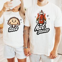 🎃 Vintage Retro Halloween Fun! 🎃 Couples Matching Halloween Costume - Taco & Hot Sauce Get ready to spread some love and fun this Halloween with our adorable Taco & Hot Sauce couples matching costume! These Comfort Colors 1717 t-shirts offer unmatched comfort and style, making them the perfect choice for a playful and cozy costume. Product Features: Premium Quality Material: Made from 100% ring-spun US cotton, these tees offer a soft-washed, garment-dyed fabric that ensures extra coziness. The Funny Relaxed Fit Shirt With Custom Print, Funny Relaxed Fit Top With Custom Print, Family Matching Halloween Tops Short Sleeve, Funny Cotton Halloween T-shirt, Halloween Novelty T-shirt With Graphic Print, Halloween Novelty Cotton T-shirt, Funny Cartoon Print T-shirt, Funny Cartoon Print Relaxed Fit T-shirt, Family Matching Halloween T-shirt With Letter Print