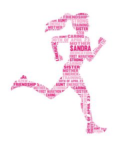 a woman is running with words in the shape of a word cloud on a white background