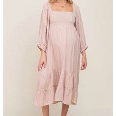 Pink Blush Nwt Maternity Midi Dress Featuring A Squared Neckline, 3/4 Cinched Sleeves, A Partially Smocked Back, And A Tiered Hem. Size Large Color Beige. Spring Midi Maternity Dress, Chic Midi Maternity Dress For Brunch, Flowy Maternity Dress With Smocked Back For Spring, Chic Maternity Dresses With Smocked Back, Feminine Midi Maternity Dress For Spring, Flowy Long Sleeve Maternity Dress For Spring, Maternity Square Neck Dress For Spring, Elegant Ruched Maternity Dress For Spring, Spring Maternity Dress For Daywear