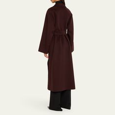 Max Mara "Agata" long top coat in virgin wool features a tie-belted waist  Notched lapel collar Wrap front  Long sleeves Adjustable belted waist  Side slip pockets  Full length  Relaxed fit  Virgin wool Imported Luxury Belted Wool Coat With Notch Lapel, Belted Long Formal Outerwear, Belted Long Outerwear For Formal Occasions, Long Belted Outerwear For Formal Occasions, Elegant Brown Belted Wool Coat, Wool Coat With Self Belt For Workwear, Belted Long Wool Coat, Long Wool Coat With Belt, Brown Belted Wool Coat For Work