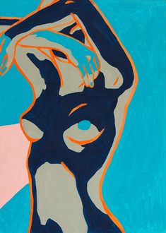 an abstract painting of a woman's face with her hands on her head, in blue and orange