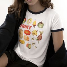 "Fruit Graphic T-Shirt * vintage inspired tee * retro fruit and lettering * eco-friendly water based ink * printed in my USA loft * ringer or regular tshirt * available in unisex or womens close fit shirt * 100% cotton or 50/50 cotton poly * machine wash cold inside out is best * allow 1-3 business days if not in stock UNISEX tshirt finished chest * XS . 34-35 / 86-89cm * S . . 36-38\" / 94-97cm * M . .40-42\" / 101-107cm * L . . 43-44\" / 109-112cm * XL . 46-48\" / 117-122cm T-SHIRT size medium Fruit Graphic, Retro Fruit, Fruit Shirt, Patches Jacket, Branded Shirts, Retro Tshirt, Unisex Tshirt, White Shirts, Body Size