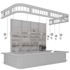 an image of a white bar with lots of bottles on the shelves and lights hanging from the ceiling