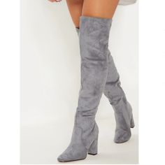 Grey Suede Over The Knee Boots By Pretty Little Things. Gorgeously Crafted Over The Knee Boots. Perfect With Jeans, Dresses And Skirts. Look Stylish This Season With These Beauties While They Last! Brand New In The Box. Purchased And Never Worn.. Size 8 (39 Euro)Fits Like An 8.5. Offers Welcome! Comes With Box & 2 Shoe Bags. Knee High Boots Uk, Sue Barker, Grey Knee High Boots, Emily Gilmore, Hello Kitty Hoodie, Outfits Evening, Dsw Shoes, Over The Knee Boot Outfit, Boat Wraps