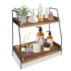 three tiered wooden shelf with soap, lotion and hand sanitizers