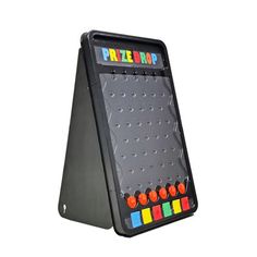 a black board game with colorful buttons on it's sides and the words prize drop written in multicolored letters