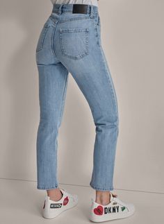 High-rise Slim, straight let Five-pocket styling Front button and zip closure Hem hits at ankle 29" inseam 98% Cotton, 2% Elastane Machine Wash Origin: Imported Style: DJ4B4005 | DKNY High Rise Slim Straight Jean in Bryant Size 28 Slim Straight Jeans, Straight Jeans, High Rise, Pants, Trousers