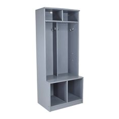 a gray locker with two shelves and one door on each side, in front of a white background