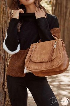 Contrasting Color High Neck Knitted Sweater Brown Chunky Knit Crew Neck Outerwear, Trendy Brown Sweater For Cold Weather, Chic Brown Sweater For Fall, Chic Brown Fall Sweater, The Clothes, Chic Dress, Knitted Sweater, Elegant Dress, Winter Dresses