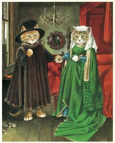 two cats dressed up as witches and one is wearing a green dress with white hair