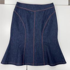 Brand New Without Tags Dvf Skirt Lined Fitted Flared Denim Skirt, Knee-length Fitted Denim Skirt, Fitted Denim Blue Knee-length Skirt, Fitted Denim Flared Skirt, Fitted Denim Skirt For Work, Blue Fitted Flared Denim Skirt, Fitted Knee-length Dark Wash Skirt, Fitted Denim Blue Lined Skirt, Fitted Dark Wash Pencil Skirt