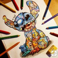 a drawing of a cartoon character surrounded by colored pencils